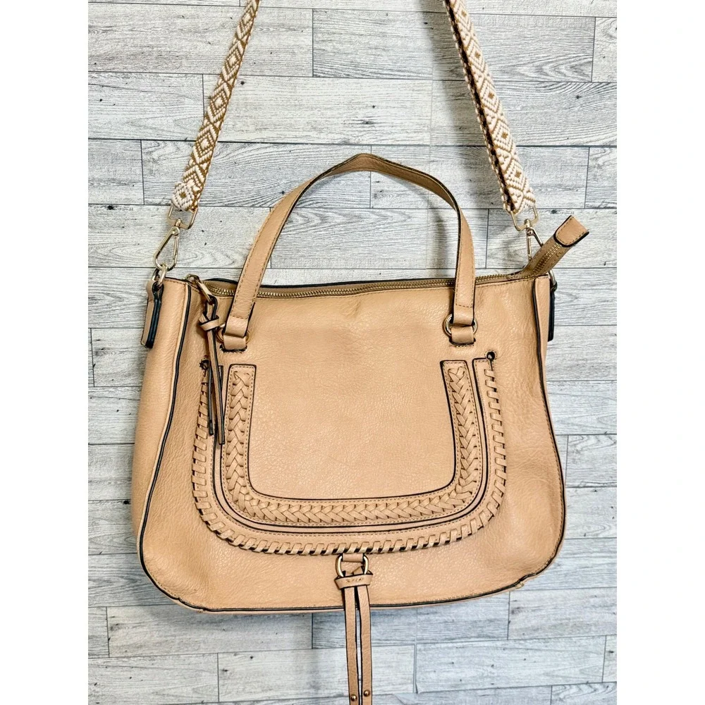 Sole Society Tan Vegan Leather Satchel Boho Whipstitch Woven Strap Crossbody Bag